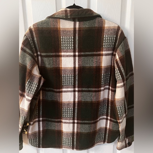 Green Brown White Plaid Heavy Flannel Button Up Fall Winter Shirt Blouse Top - Picture 8 of 12